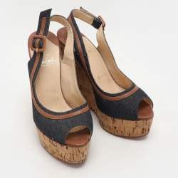 Christian Louboutin Dark Blue Fabric and Leather Une Plume Sandals Size 36