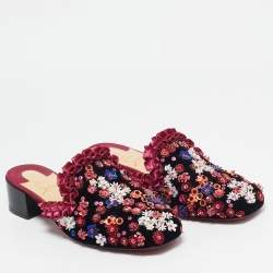 Christian Louboutin Multicolor Velvet Flower Embellished Mules Size 38.5