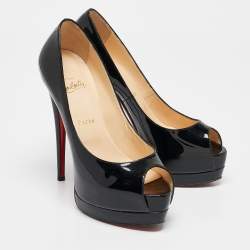Christian Louboutin Black Patent Leather Lady Peep Toe Platform Pumps Size 38.5