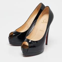 Christian Louboutin Black Patent Leather Lady Peep Toe Platform Pumps Size 38.5
