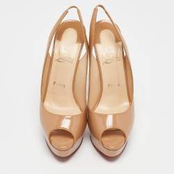 Pre Owned Christian Louboutin Beige Patent Leather Lady Peep Toe Slingback Platform Pumps Size 38.5