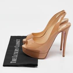 Pre Owned Christian Louboutin Beige Patent Leather Lady Peep Toe Slingback Platform Pumps Size 38.5