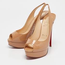 Pre Owned Christian Louboutin Beige Patent Leather Lady Peep Toe Slingback Platform Pumps Size 38.5