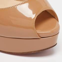 Pre Owned Christian Louboutin Beige Patent Leather Lady Peep Toe Slingback Platform Pumps Size 38.5