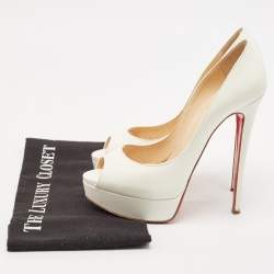 Pre Owned Christian Louboutin White Patent Leather Lady Peep Platform Pumps Size 38