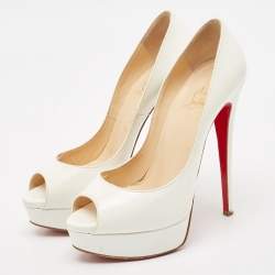 Pre Owned Christian Louboutin White Patent Leather Lady Peep Platform Pumps Size 38