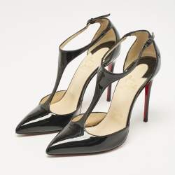 Christian Louboutin Black Patent Leather Pointed Toe T-Strap Pumps Size 35.5