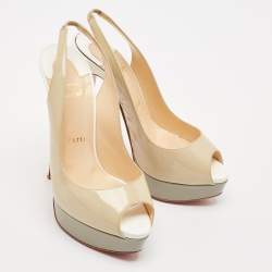Christian Louboutin Beige/Grey Patent Leather Lady Peep Platform Slingback Pumps Size 38.5
