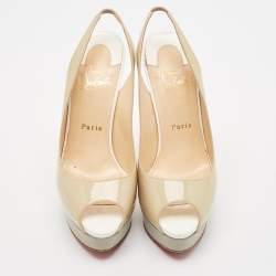 Christian Louboutin Beige/Grey Patent Leather Lady Peep Platform Slingback Pumps Size 38.5