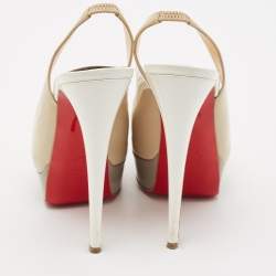 Christian Louboutin Beige/Grey Patent Leather Lady Peep Platform Slingback Pumps Size 38.5
