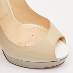 Christian Louboutin Beige/Grey Patent Leather Lady Peep Platform Slingback Pumps Size 38.5