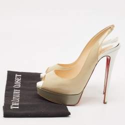 Christian Louboutin Beige/Grey Patent Leather Lady Peep Platform Slingback Pumps Size 38.5