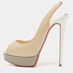 Christian Louboutin Beige/Grey Patent Leather Lady Peep Platform Slingback Pumps Size 38.5