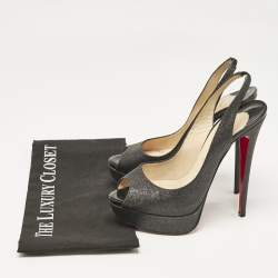 Pre Owned Christian Louboutin Grey Glitter Lady Peep Slingback Pumps Size 39