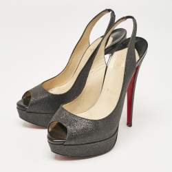 Pre Owned Christian Louboutin Grey Glitter Lady Peep Slingback Pumps Size 39