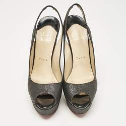 Pre Owned Christian Louboutin Grey Glitter Lady Peep Slingback Pumps Size 39