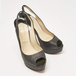 Pre Owned Christian Louboutin Grey Glitter Lady Peep Slingback Pumps Size 39