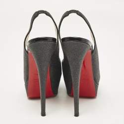 Pre Owned Christian Louboutin Grey Glitter Lady Peep Slingback Pumps Size 39