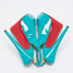 Christian Louboutin Turquoise Blue Patent Leather Private Number Peep Toe Slingback Pumps Size 38.5