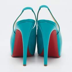 Christian Louboutin Turquoise Blue Patent Leather Private Number Peep Toe Slingback Pumps Size 38.5