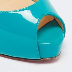 Christian Louboutin Turquoise Blue Patent Leather Private Number Peep Toe Slingback Pumps Size 38.5