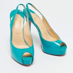 Christian Louboutin Turquoise Blue Patent Leather Private Number Peep Toe Slingback Pumps Size 38.5