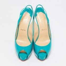 Christian Louboutin Turquoise Blue Patent Leather Private Number Peep Toe Slingback Pumps Size 38.5