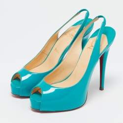 Christian Louboutin Turquoise Blue Patent Leather Private Number Peep Toe Slingback Pumps Size 38.5
