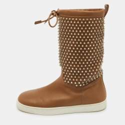 Christian Louboutin Brown Leather Surlapony Spiked Mid Calf Boots Size 43