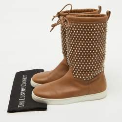 Christian Louboutin Brown Leather Surlapony Spiked Mid Calf Boots Size 43