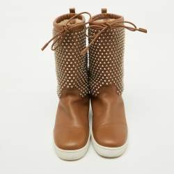 Christian Louboutin Brown Leather Surlapony Spiked Mid Calf Boots Size 43