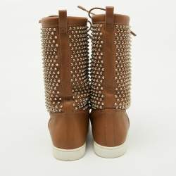 Christian Louboutin Brown Leather Surlapony Spiked Mid Calf Boots Size 43