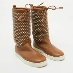 Christian Louboutin Brown Leather Surlapony Spiked Mid Calf Boots Size 43