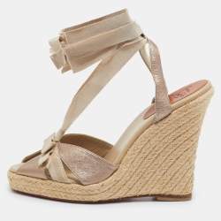 Pre Owned Christian Louboutin Gold Fabric and Leather Delfin Espadrille Wedge Sandals Size 39