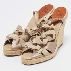 Pre Owned Christian Louboutin Gold Fabric and Leather Delfin Espadrille Wedge Sandals Size 39