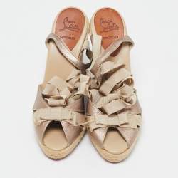 Pre Owned Christian Louboutin Gold Fabric and Leather Delfin Espadrille Wedge Sandals Size 39