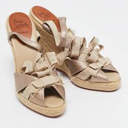 Pre Owned Christian Louboutin Gold Fabric and Leather Delfin Espadrille Wedge Sandals Size 39