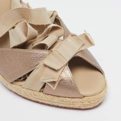 Pre Owned Christian Louboutin Gold Fabric and Leather Delfin Espadrille Wedge Sandals Size 39