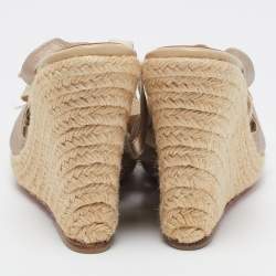 Pre Owned Christian Louboutin Gold Fabric and Leather Delfin Espadrille Wedge Sandals Size 39