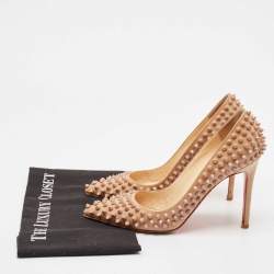 Pre Owned Christian Louboutin Beige Patent Leather Pigalle Spikes Pointed Toe Pumps Size 38