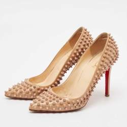 Pre Owned Christian Louboutin Beige Patent Leather Pigalle Spikes Pointed Toe Pumps Size 38