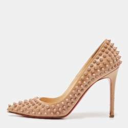 Pre Owned Christian Louboutin Beige Patent Leather Pigalle Spikes Pointed Toe Pumps Size 38