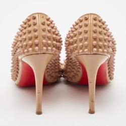 Pre Owned Christian Louboutin Beige Patent Leather Pigalle Spikes Pointed Toe Pumps Size 38