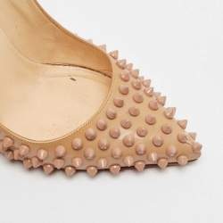Pre Owned Christian Louboutin Beige Patent Leather Pigalle Spikes Pointed Toe Pumps Size 38