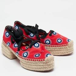 Christian Louboutin Red Fabric Evil Eye Print Platform Espadrille Sandals Size 38