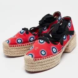 Christian Louboutin Red Fabric Evil Eye Print Platform Espadrille Sandals Size 38