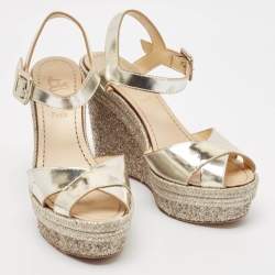 Christian Louboutin Metallic Leather Almeria Platform Wedge Sandals Size 38