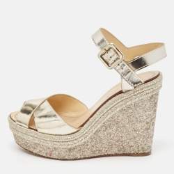 Christian Louboutin Metallic Leather Almeria Platform Wedge Sandals Size 38