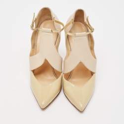 Pre Owned Christian Louboutin Beige/Nude Leather and Patent Leather Dictata Pumps Size 35.5