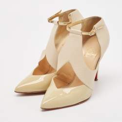 Pre Owned Christian Louboutin Beige/Nude Leather and Patent Leather Dictata Pumps Size 35.5